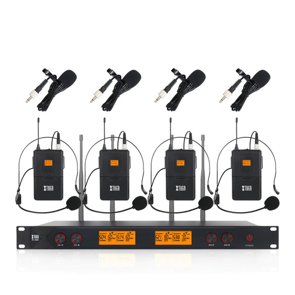 XTUGA A400-B Professional 4-Channel UHF Wireless Microphone System with 4 BodyPack Lavalier Headset Microphone(AU Plug)