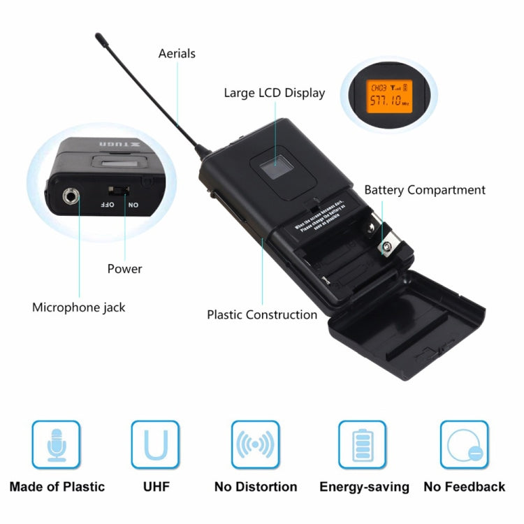 XTUGA A400-B Professional 4-Channel UHF Wireless Microphone System with 4 BodyPack Lavalier Headset Microphone(AU Plug)