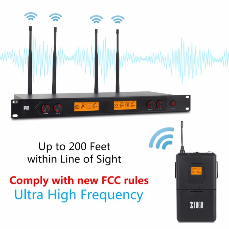 XTUGA A400-B Professional 4-Channel UHF Wireless Microphone System with 4 BodyPack Lavalier Headset Microphone(UK Plug)