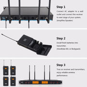 XTUGA A400-B Professional 4-Channel UHF Wireless Microphone System with 4 BodyPack Lavalier Headset Microphone(EU Plug)