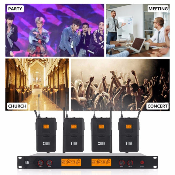 XTUGA A400-B Professional 4-Channel UHF Wireless Microphone System with 4 BodyPack Lavalier Headset Microphone(EU Plug)