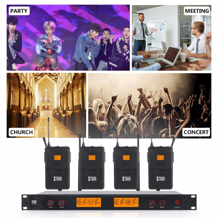 XTUGA A400-B Professional 4-Channel UHF Wireless Microphone System with 4 BodyPack Lavalier Headset Microphone(UK Plug)