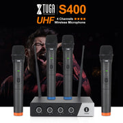 XTUGA S400 Professional 4-Channel UHF Wireless Microphone System with 4 Handheld Microphone(US Plug)