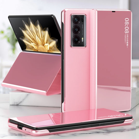 For Honor Magic V2 Electroplated Mirror Protective Phone Case with Holder(Pink)