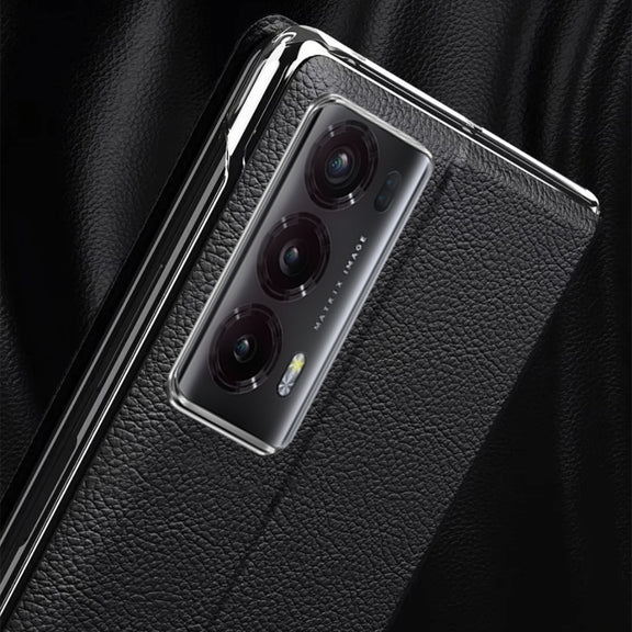 For Honor Magic V2 Smart View Window Plain Leather Phone Case(Black)