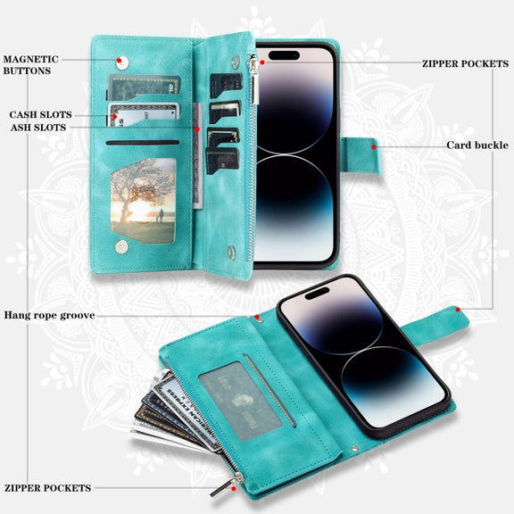 For iPhone 16 Multi-Card Totem Zipper Leather Phone Case(Green)
