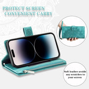 For iPhone 16 Multi-Card Totem Zipper Leather Phone Case(Green)