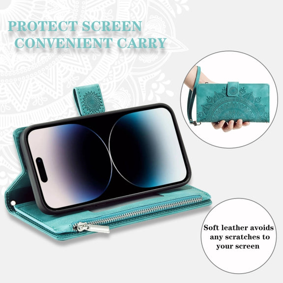 For iPhone 16 Multi-Card Totem Zipper Leather Phone Case(Green)