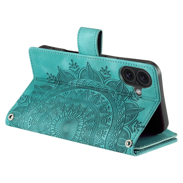 For iPhone 16 Multi-Card Totem Zipper Leather Phone Case(Green)