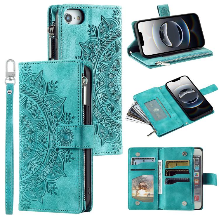 For iPhone 16e Multi-Card Totem Zipper Leather Phone Case(Green)