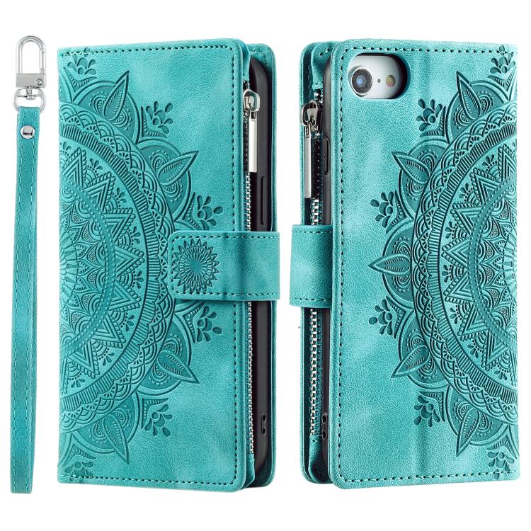 For iPhone 16e Multi-Card Totem Zipper Leather Phone Case(Green)
