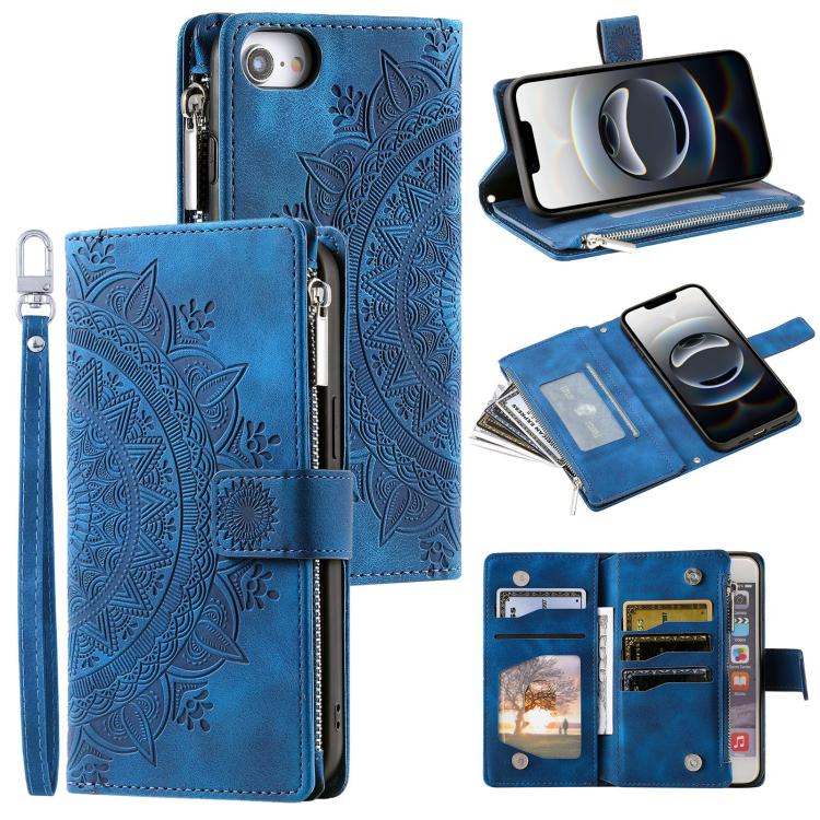 For iPhone 16e Multi-Card Totem Zipper Leather Phone Case(Blue)