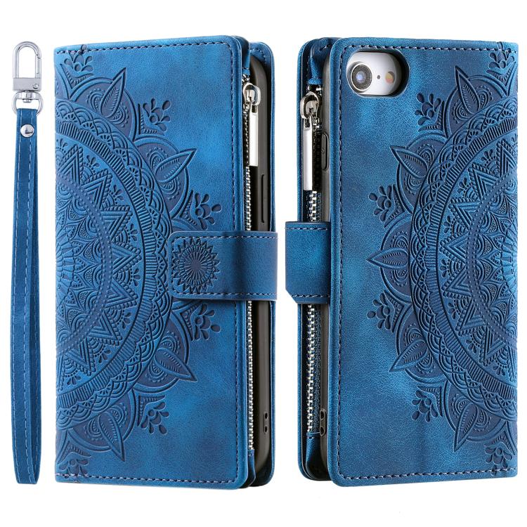For iPhone 16e Multi-Card Totem Zipper Leather Phone Case(Blue)