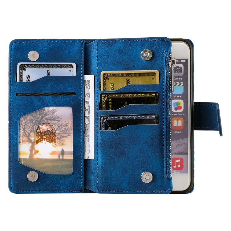 For iPhone 16e Multi-Card Totem Zipper Leather Phone Case(Blue)