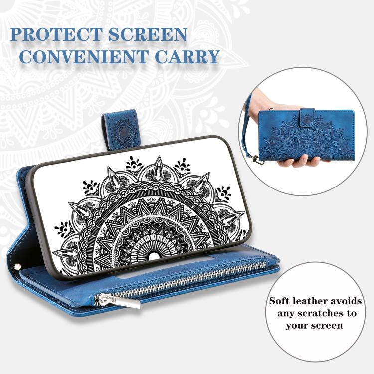 For iPhone 16e Multi-Card Totem Zipper Leather Phone Case(Blue)