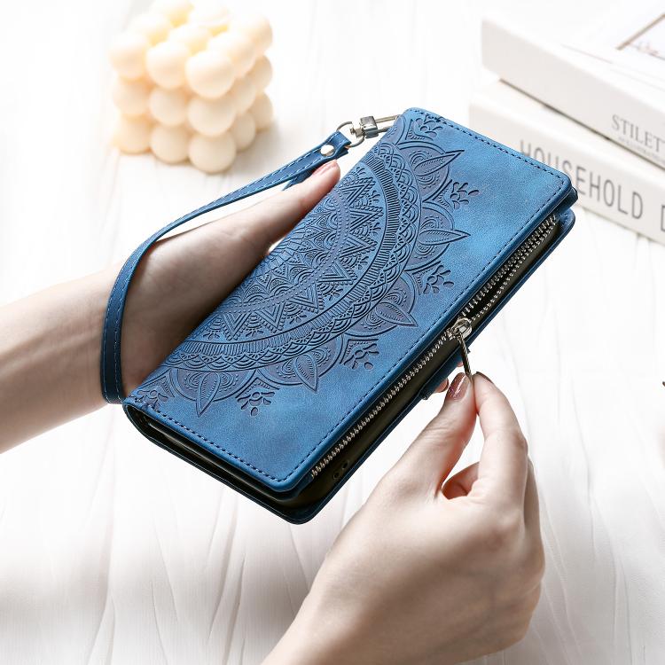 For iPhone 16e Multi-Card Totem Zipper Leather Phone Case(Blue)