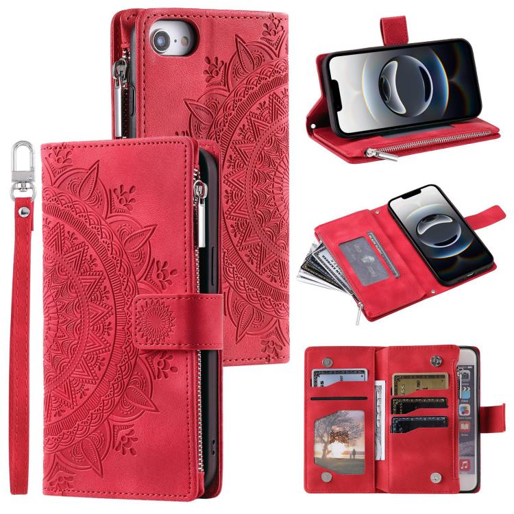 For iPhone 16e Multi-Card Totem Zipper Leather Phone Case(Red)