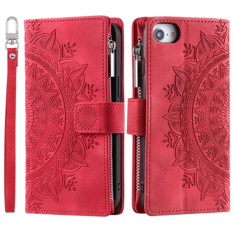 For iPhone 16e Multi-Card Totem Zipper Leather Phone Case(Red)
