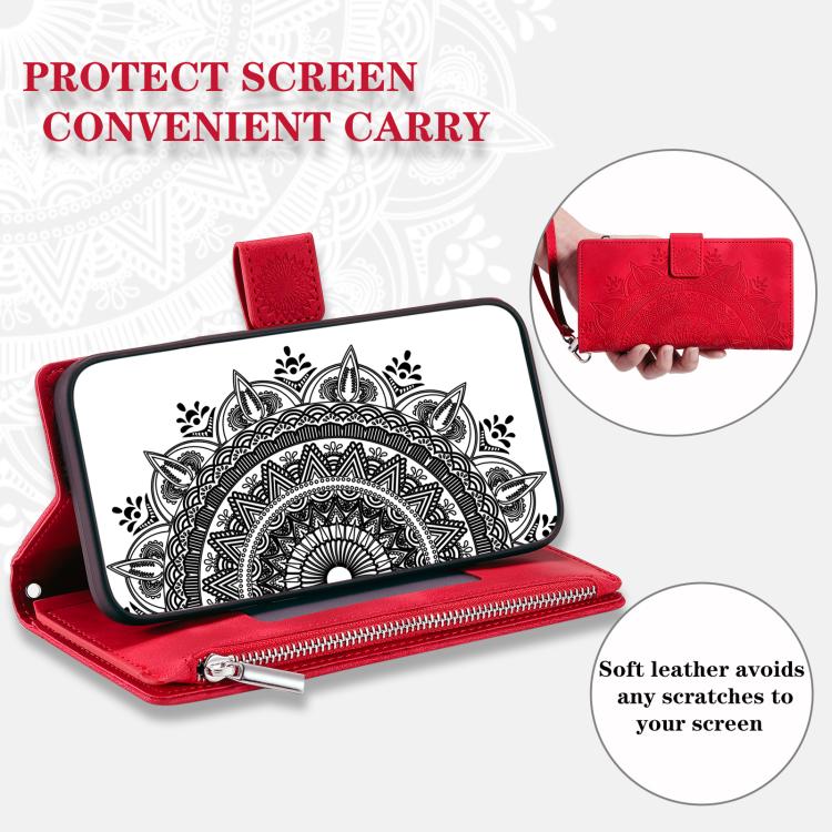 For iPhone 16e Multi-Card Totem Zipper Leather Phone Case(Red)