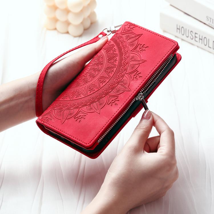 For iPhone 16e Multi-Card Totem Zipper Leather Phone Case(Red)