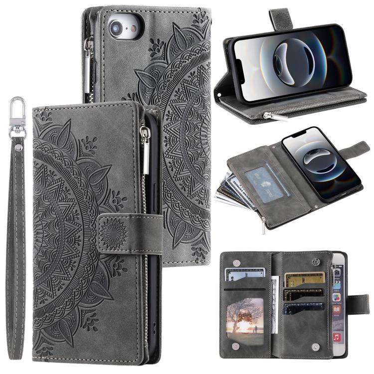 For iPhone 16e Multi-Card Totem Zipper Leather Phone Case(Grey)