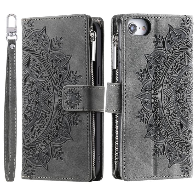 For iPhone 16e Multi-Card Totem Zipper Leather Phone Case(Grey)