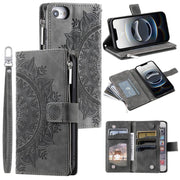 For iPhone 16e Multi-Card Totem Zipper Leather Phone Case(Grey)