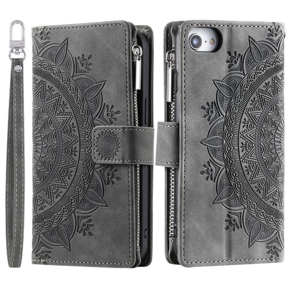 For iPhone 16e Multi-Card Totem Zipper Leather Phone Case(Grey)