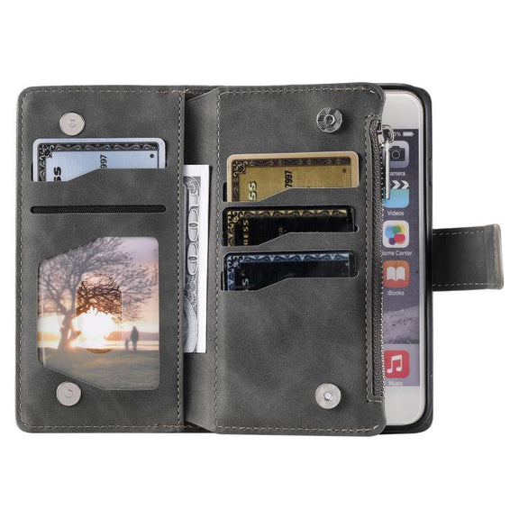 For iPhone 16e Multi-Card Totem Zipper Leather Phone Case(Grey)