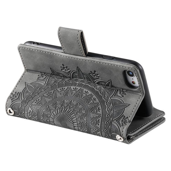 For iPhone 16e Multi-Card Totem Zipper Leather Phone Case(Grey)