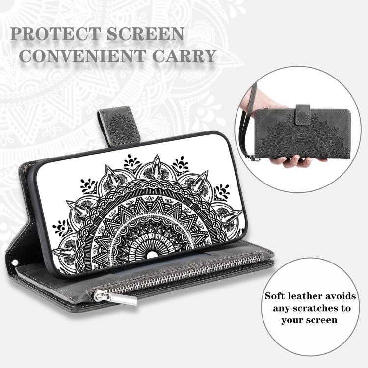 For iPhone 16e Multi-Card Totem Zipper Leather Phone Case(Grey)