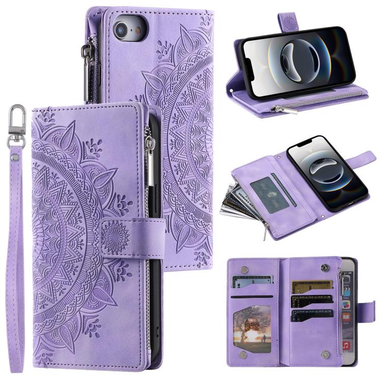 For iPhone 16e Multi-Card Totem Zipper Leather Phone Case(Purple)