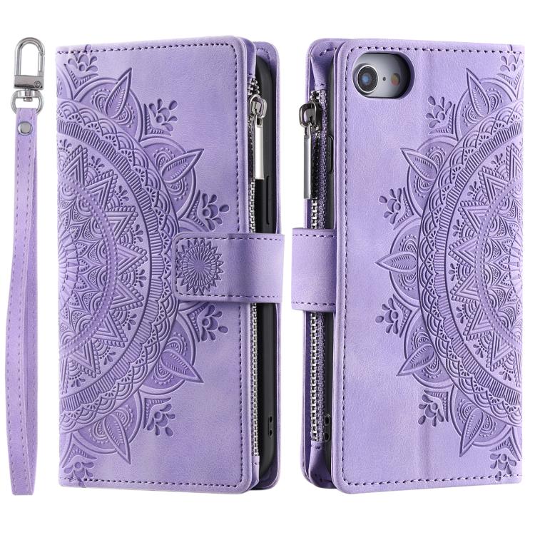 For iPhone 16e Multi-Card Totem Zipper Leather Phone Case(Purple)