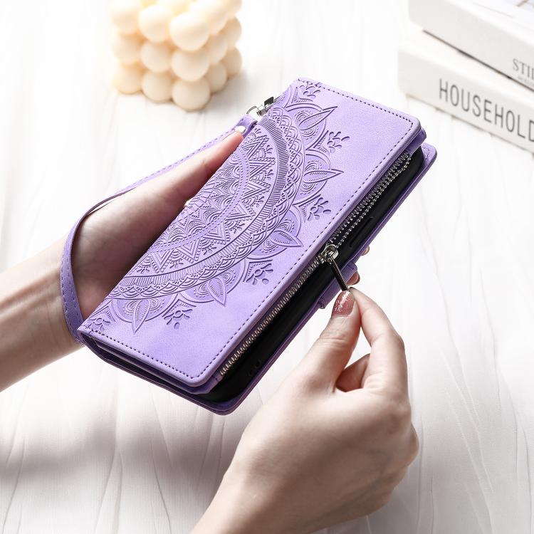 For iPhone 16e Multi-Card Totem Zipper Leather Phone Case(Purple)