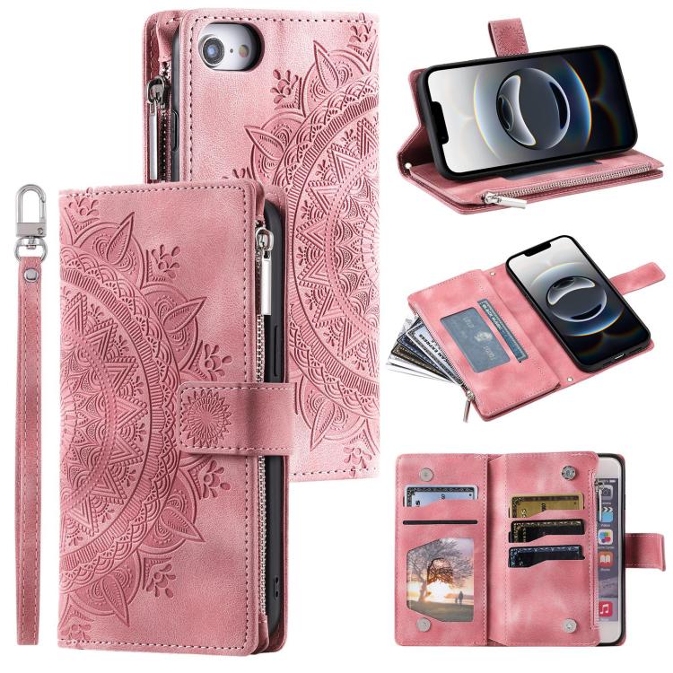 For iPhone 16e Multi-Card Totem Zipper Leather Phone Case(Pink)