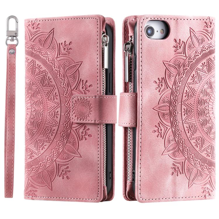 For iPhone 16e Multi-Card Totem Zipper Leather Phone Case(Pink)