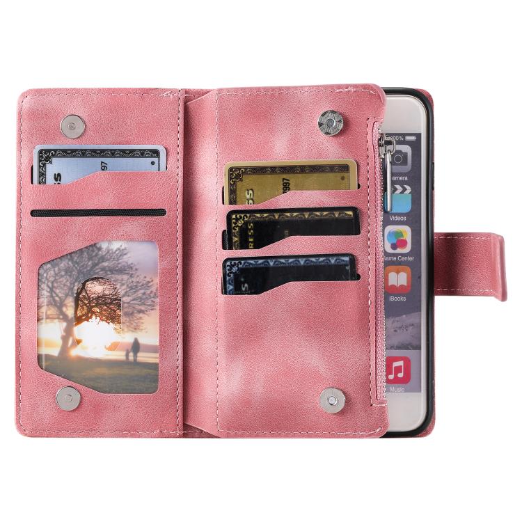 For iPhone 16e Multi-Card Totem Zipper Leather Phone Case(Pink)