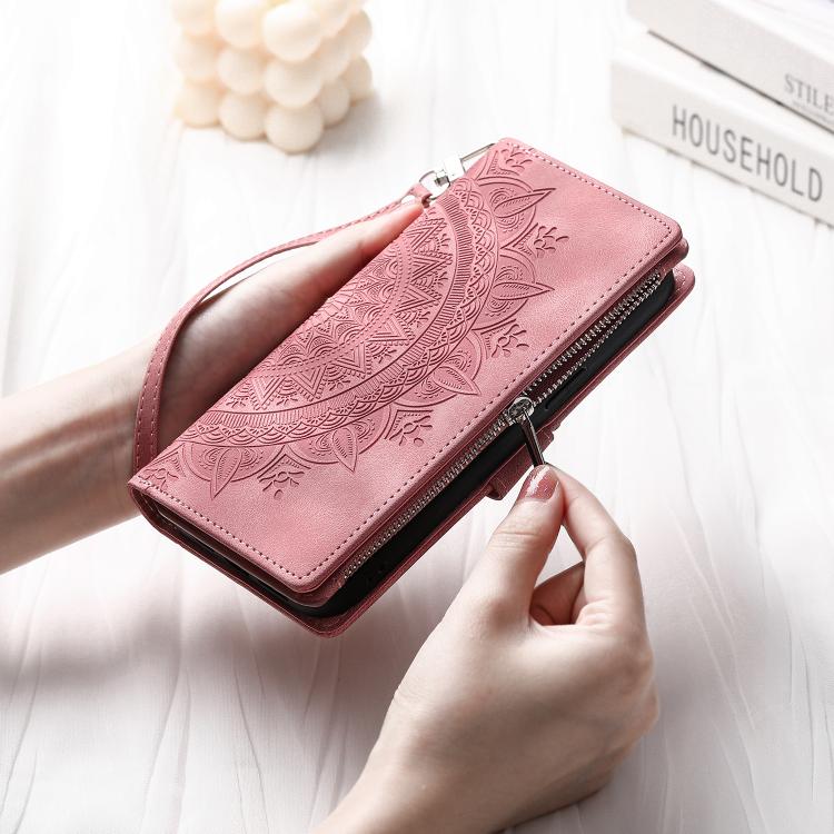 For iPhone 16e Multi-Card Totem Zipper Leather Phone Case(Pink)