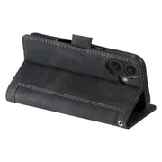 For iPhone 16 Plus Retro Splicing Horizontal Flip Leather Phone Case(Black)