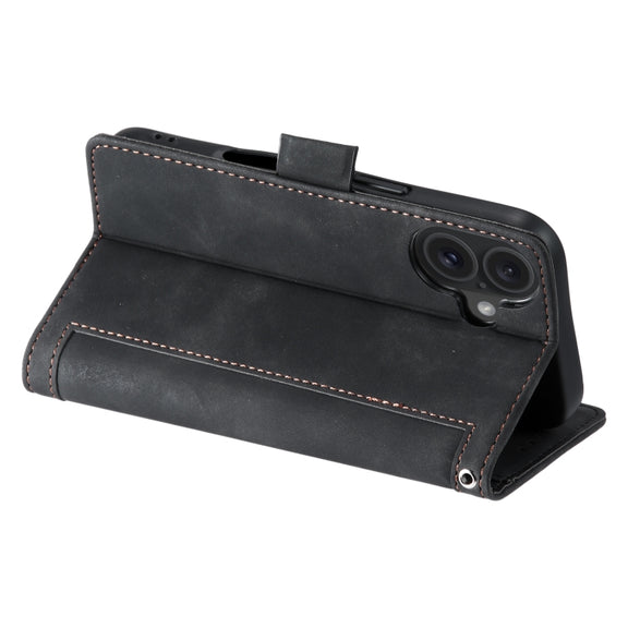 For iPhone 16 Plus Retro Splicing Horizontal Flip Leather Phone Case(Black)