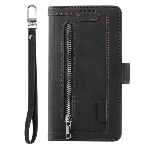For iPhone 16e Nine Card Zipper Bag Leather Phone Case with Lanyard(Black)