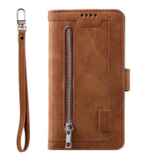 For iPhone 16e Nine Card Zipper Bag Leather Phone Case with Lanyard(Brown)