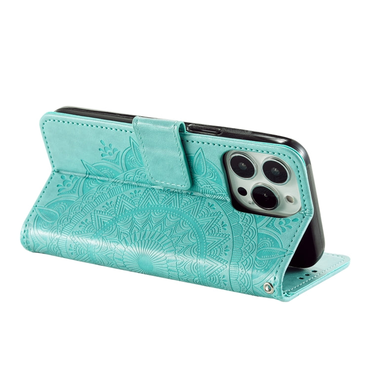 For iPhone 16 Pro Max Totem Flower Embossed Leather Phone Case(Green)