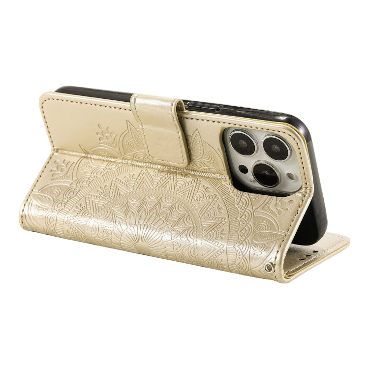 For iPhone 16 Pro Max Totem Flower Embossed Leather Phone Case(Gold)