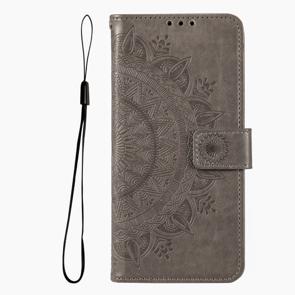 For iPhone 16 Pro Max Totem Flower Embossed Leather Phone Case(Grey)