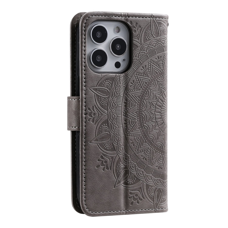 For iPhone 16 Pro Max Totem Flower Embossed Leather Phone Case(Grey)