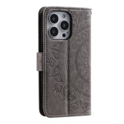 For iPhone 16 Pro Max Totem Flower Embossed Leather Phone Case(Grey)