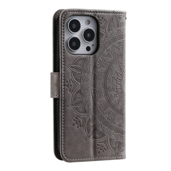 For iPhone 16 Pro Max Totem Flower Embossed Leather Phone Case(Grey)