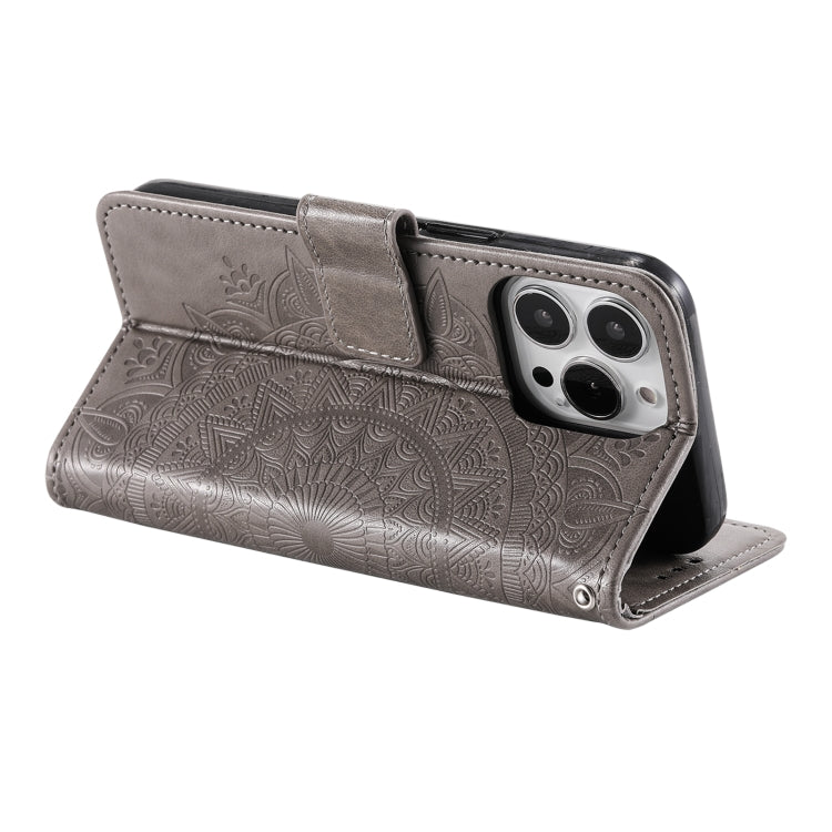 For iPhone 16 Pro Max Totem Flower Embossed Leather Phone Case(Grey)