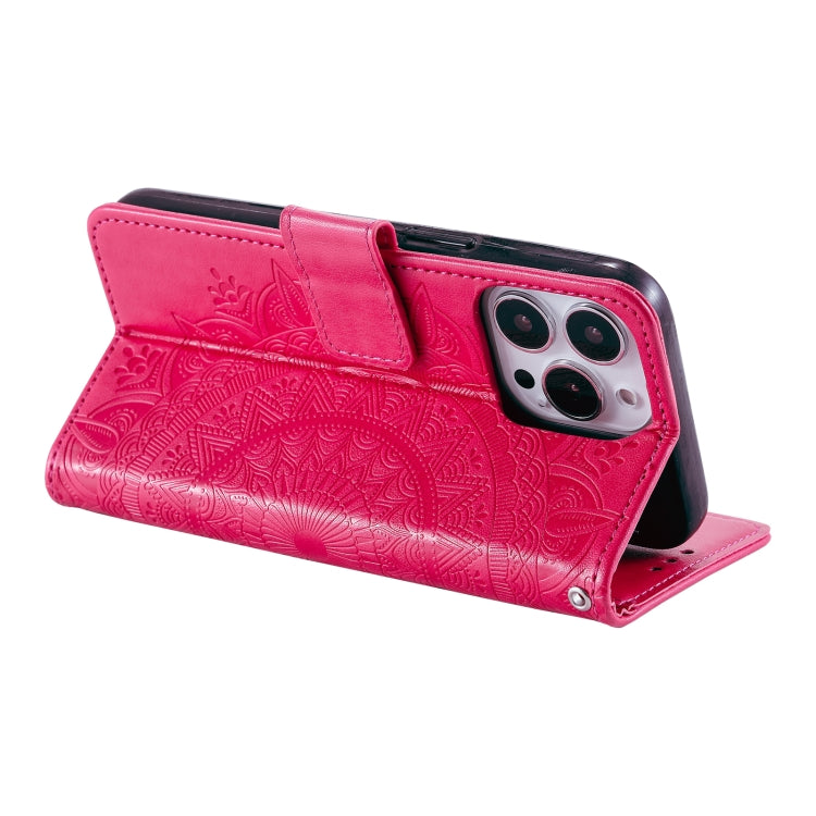 For iPhone 16 Pro Max Totem Flower Embossed Leather Phone Case(Red)